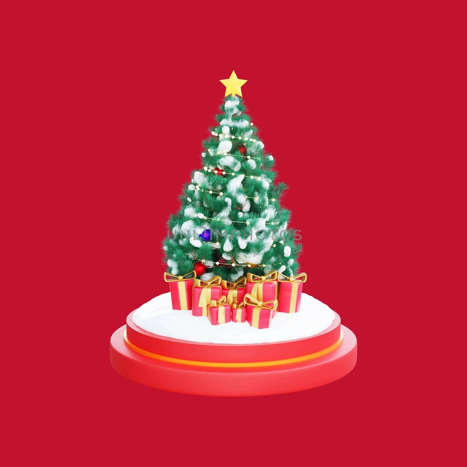 3D illustration of a Christmas tree adorned with colorful baubles and a yellow star, surrounded by an array of beautifully wrapped presents. Perfect for Christmas and Happy New Year celebrations