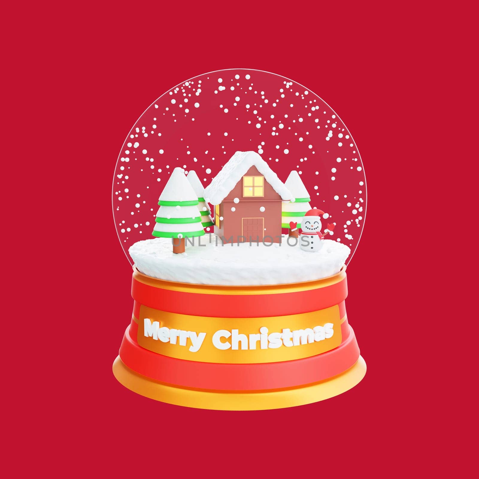 3D illustration of a festive snow globe featuring a cheerful snowman and a cozy house, set against a snowy backdrop. Perfect for Christmas and Happy New Year celebrations