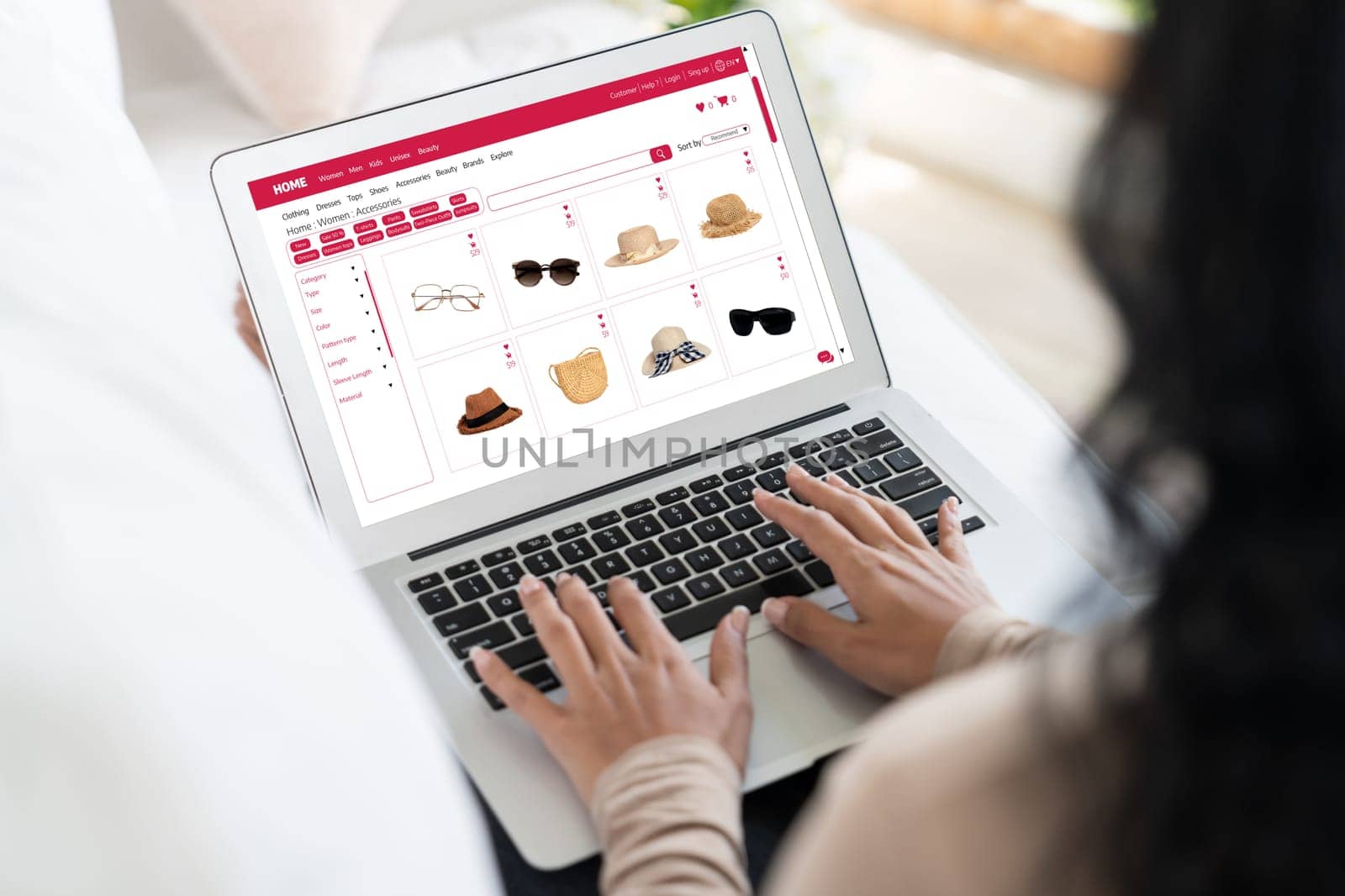 Woman shopping online on internet marketplace browsing for sale items for modern lifestyle and use credit card for online payment from wallet protected by crucial cyber security software