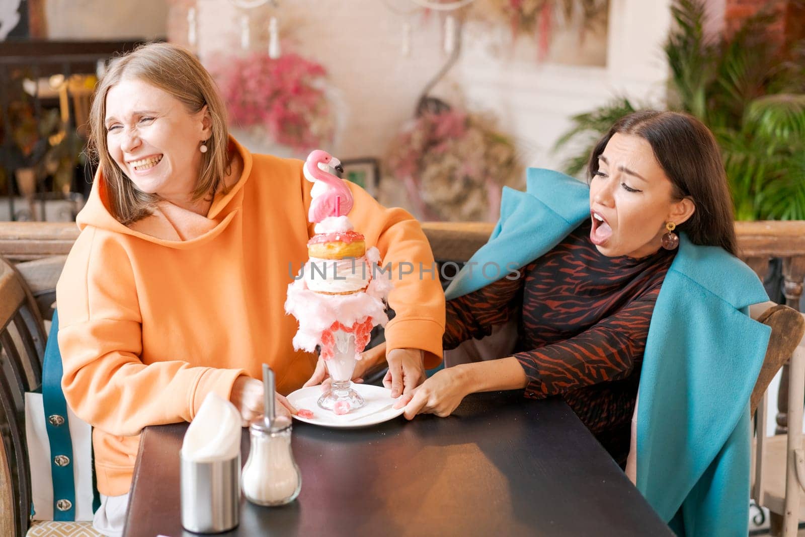 Two women cannot share dessert in form pink flamingo in cafe, they push plate in different directions and laugh, the concept of a sweet tooth