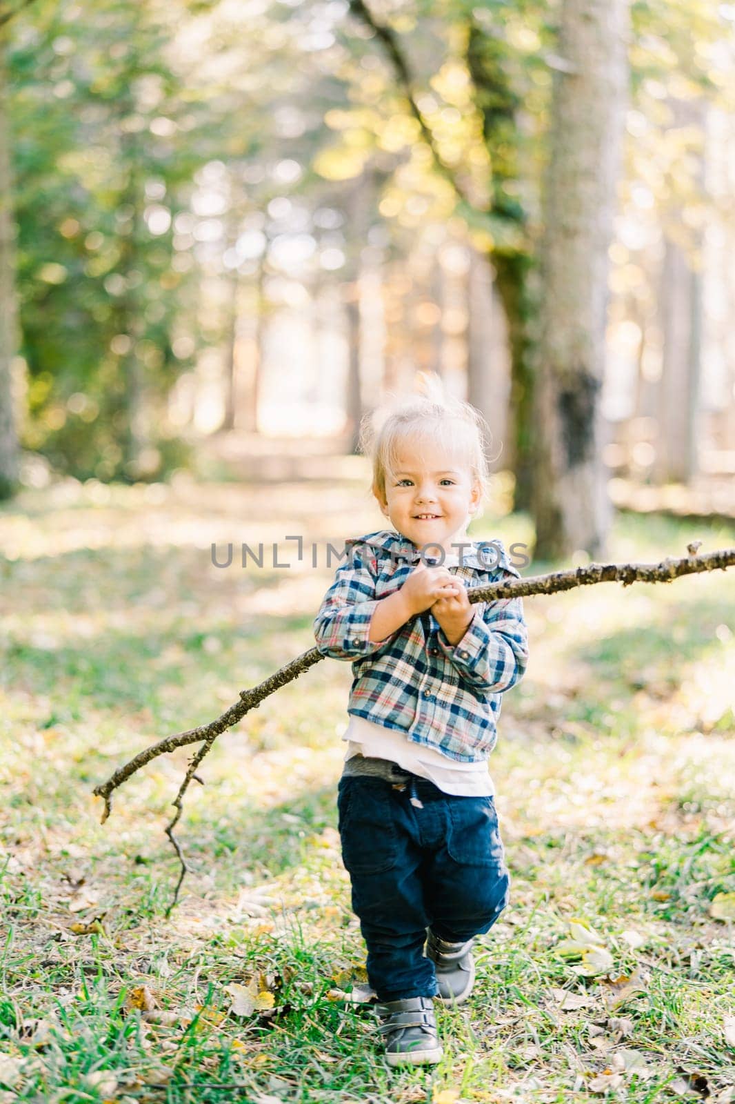 Little girl with a long stick walks through a sunny autumn forest by Nadtochiy