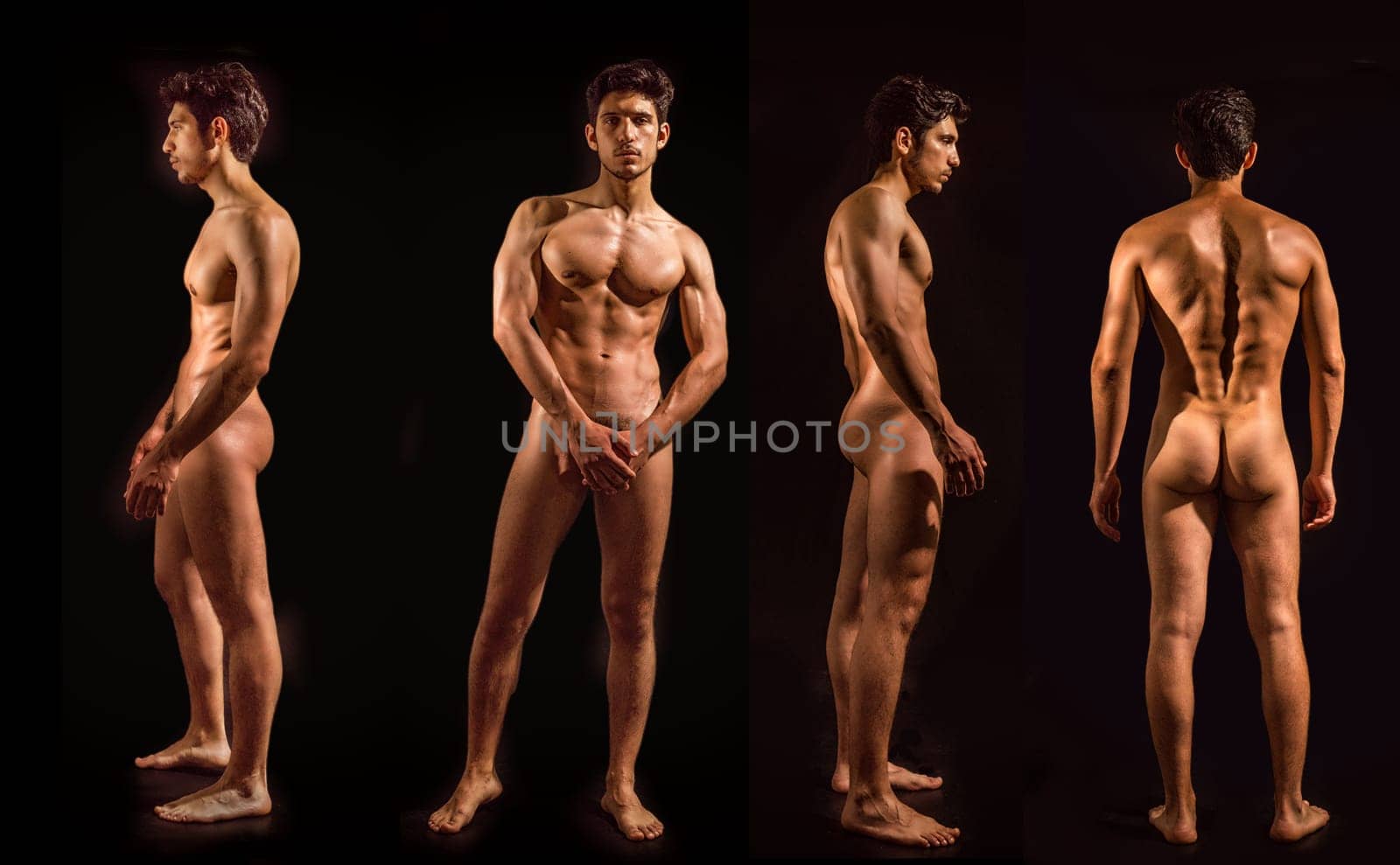 Four views of athletic shirtless, completely naked young man: back, front and profile shot, on grey background, covering genitals with hands, whole length body shots on black background
