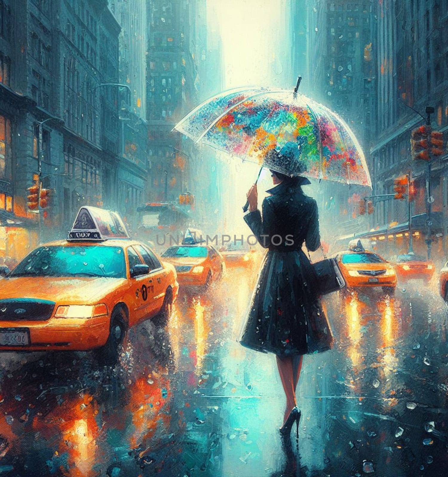 business bossy elegant fit woman using umbrella wearing tailleur , under heavy rain in New York City among taxis and traffic crossing street painting, warm tones, ai generated