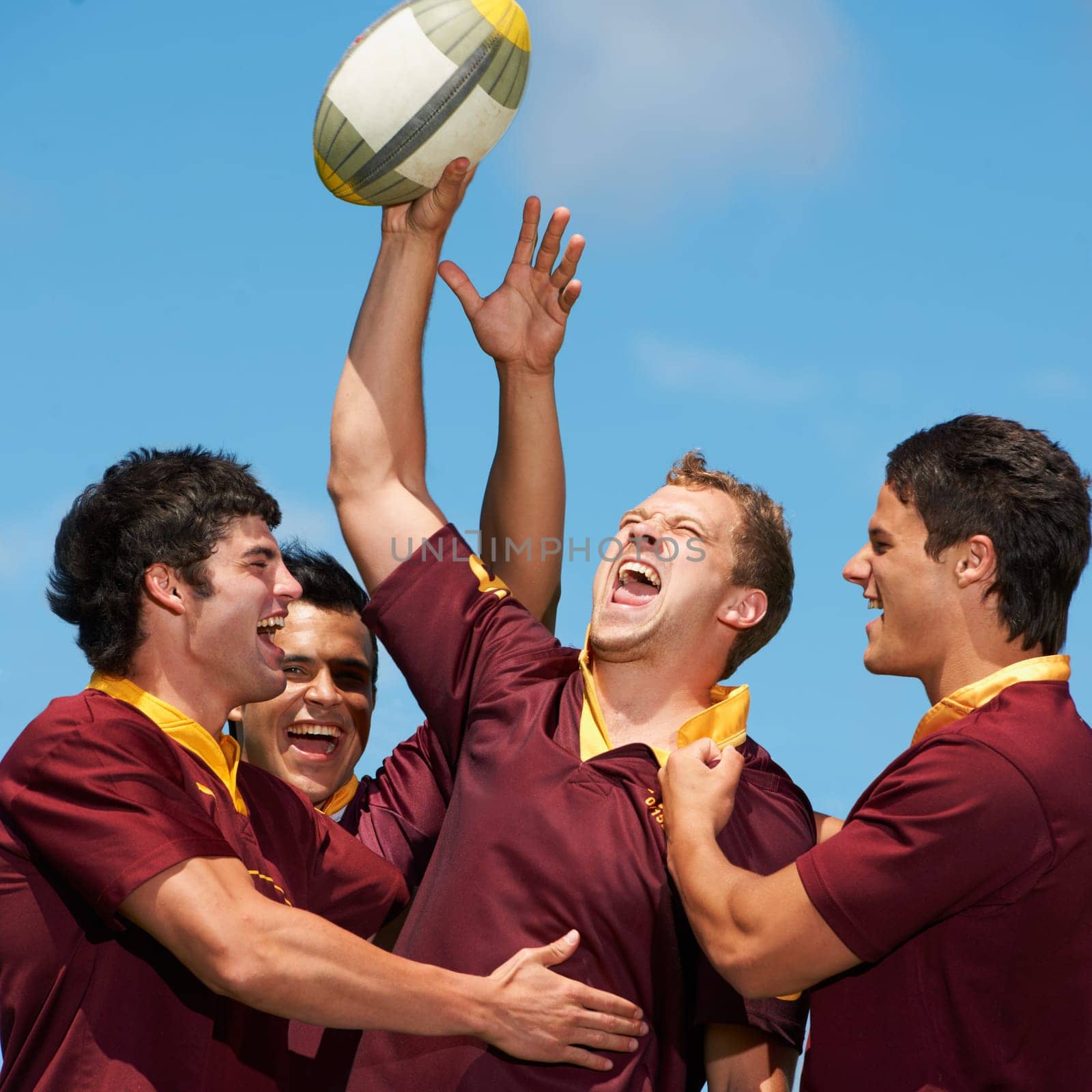 Rugby, sports and celebration with winner and people on field for teamwork, success and challenge. Training, success and achievement with group of men for support, collaboration and competition.