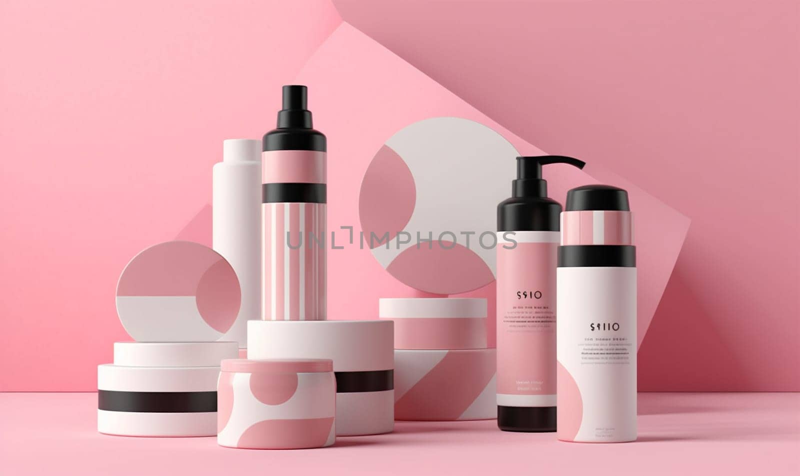 eco background care beauty layout pastel treatment pink cosmetic bottle product. Generative AI. by Vichizh