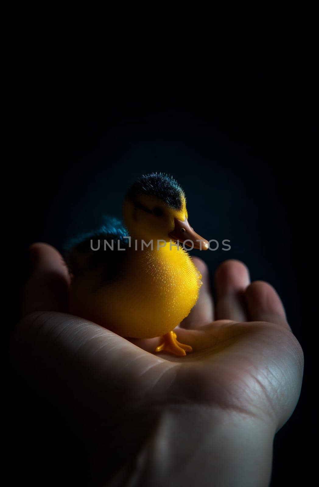 young farm girl person garden easter beautiful duck soft duckling bird fluffy adorable hand nature close-up yellow little child spring. Generative AI.