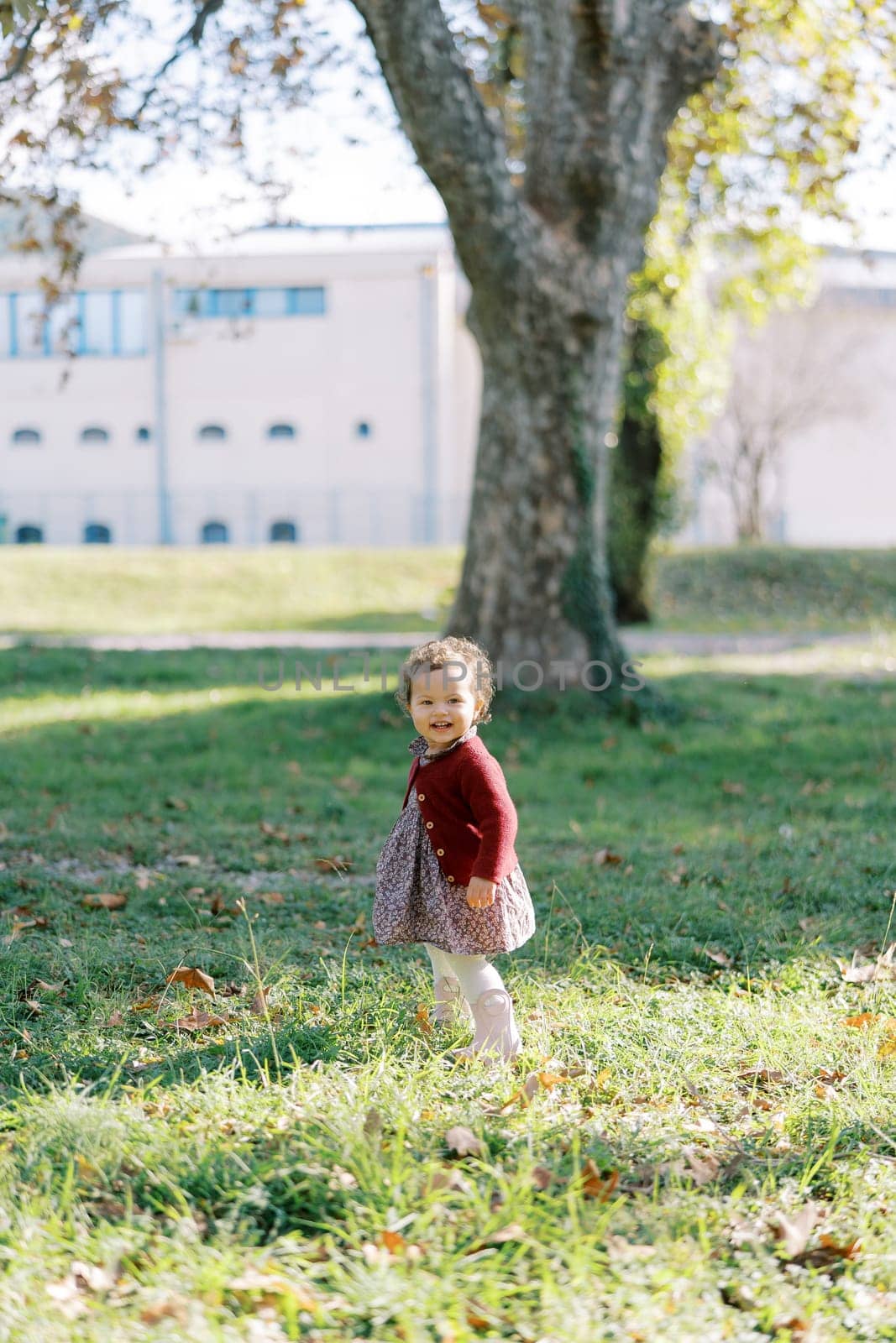 Little smiling girl stands on a green lawn. Side view. High quality photo