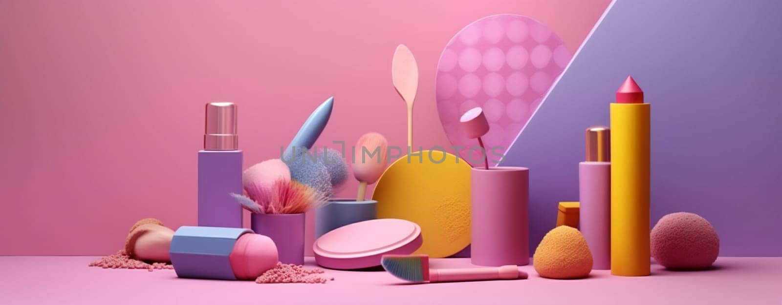 isolated woman bottle brush layout care background white cream fashion beauty facial group cosmetic accessory set object pink product glamour online. Generative AI.