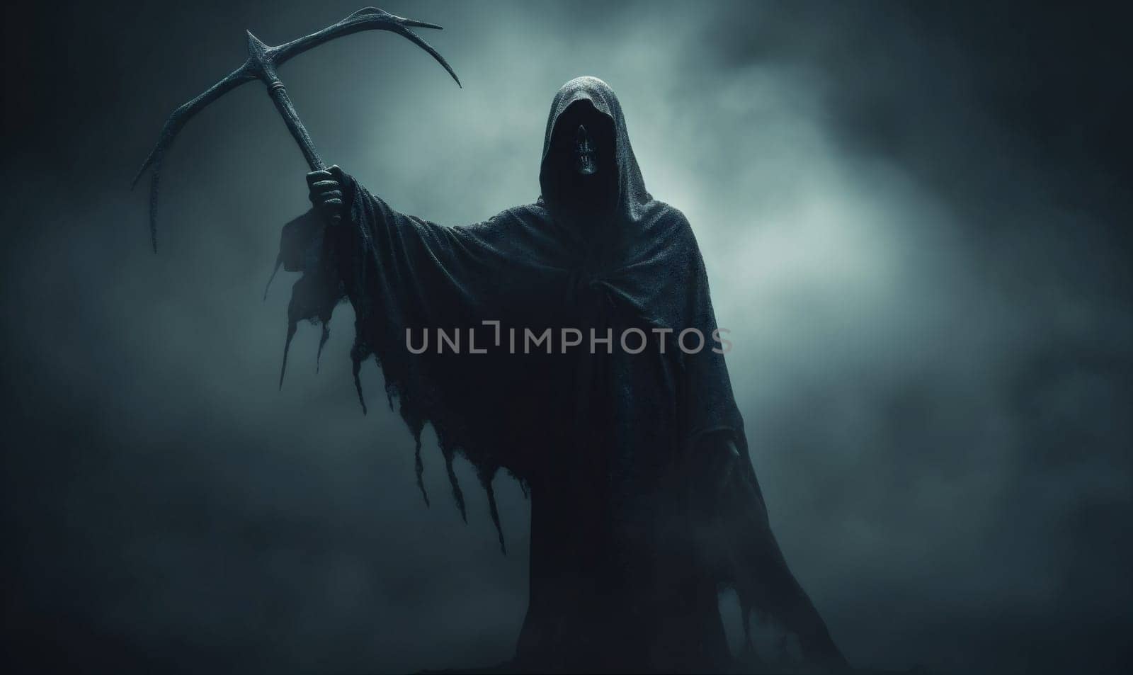 death skeleton night fear ghost creepy horror evil hood halloween. Generative AI. by Vichizh