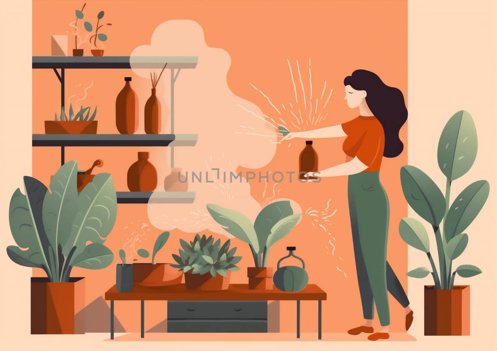 botanical woman occupation room indoor entrepreneur flower interior person lifestyle florist gardener hobby gardening growth botanist care portrait houseplant pot horticulture. Generative AI.