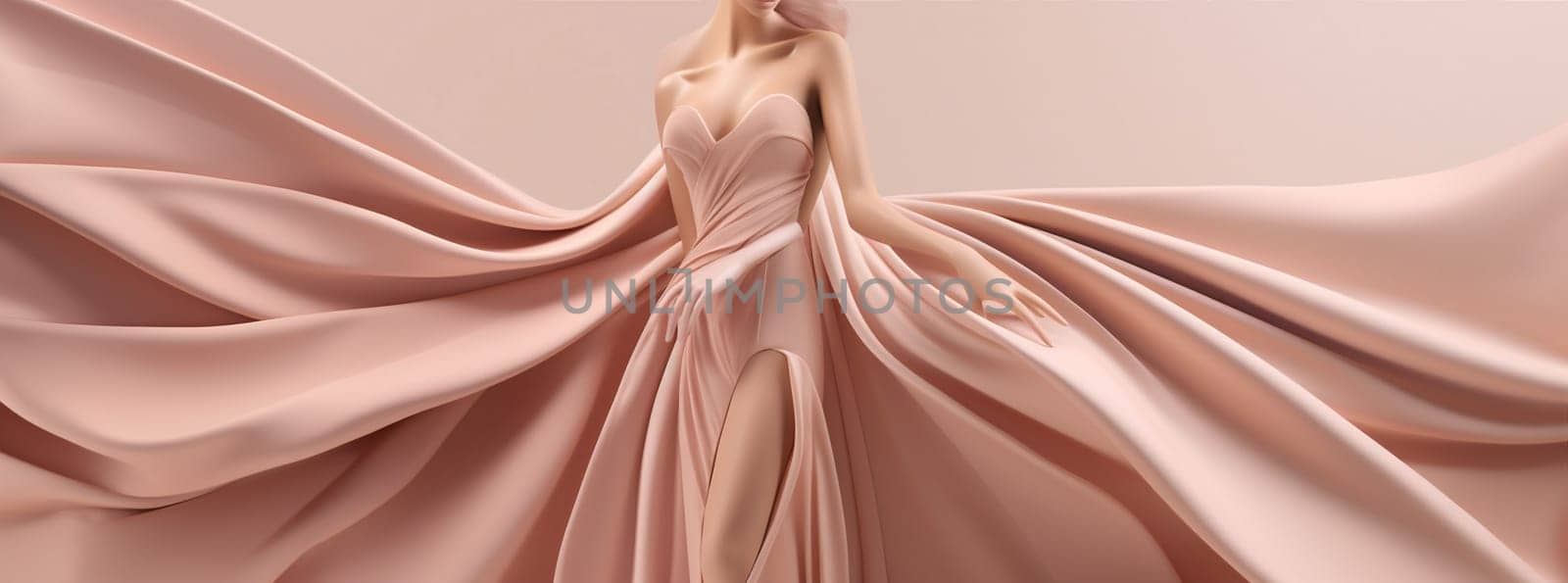fashion woman clothes isolated dress flower creative wind long flowing fly hair person flying lady background fabric beige dynamic art beauty waving. Generative AI.