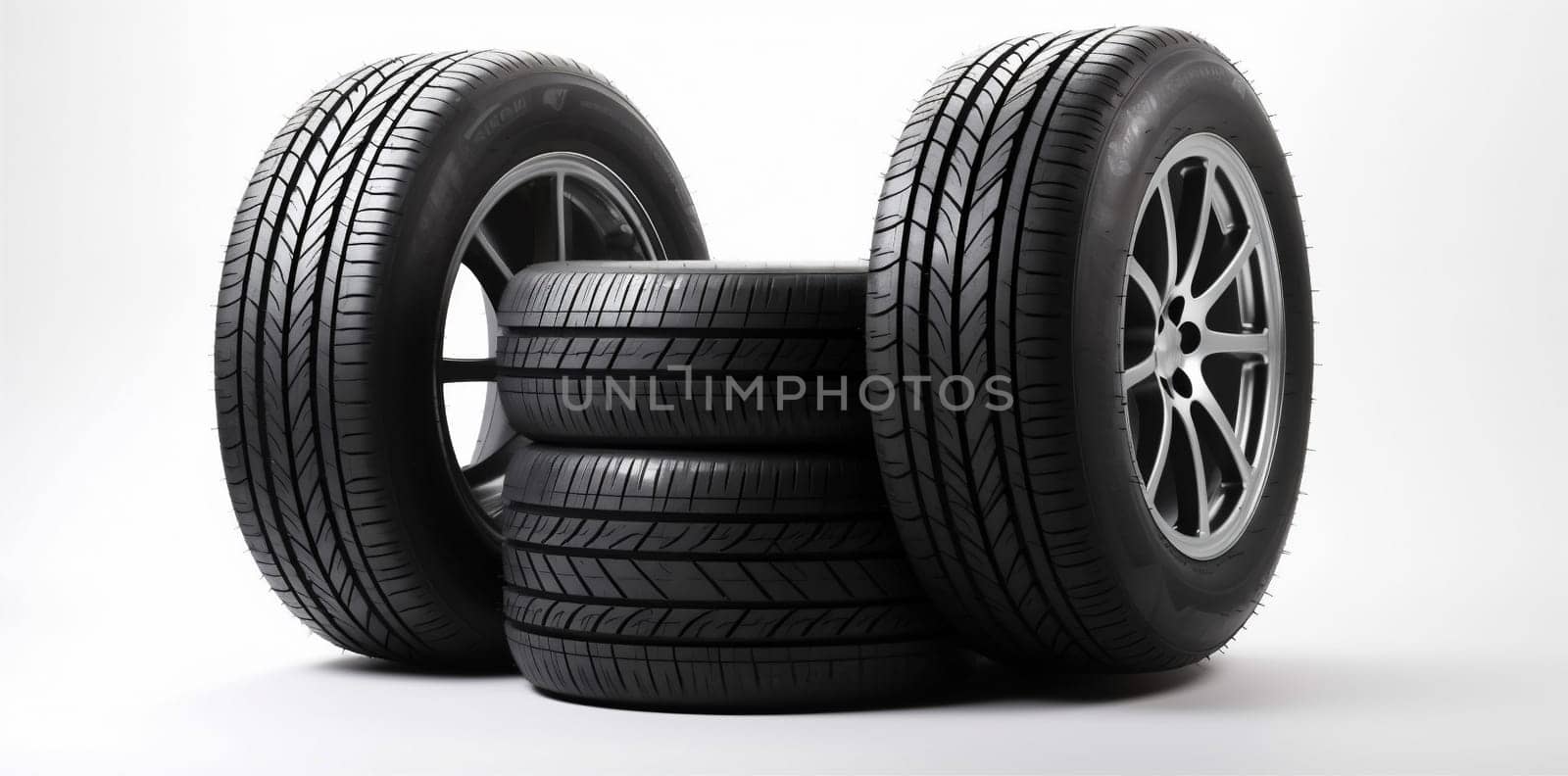 wheel tread tyre service automobile rim tire auto race object automotive stack rubber pattern shop car clean background transport isolated black. Generative AI.