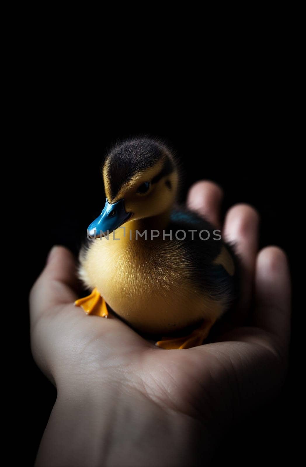 close-up hand chicken duckling young garden background farm bird beak small duck little girl animal cute nature adorable yellow child. Generative AI.