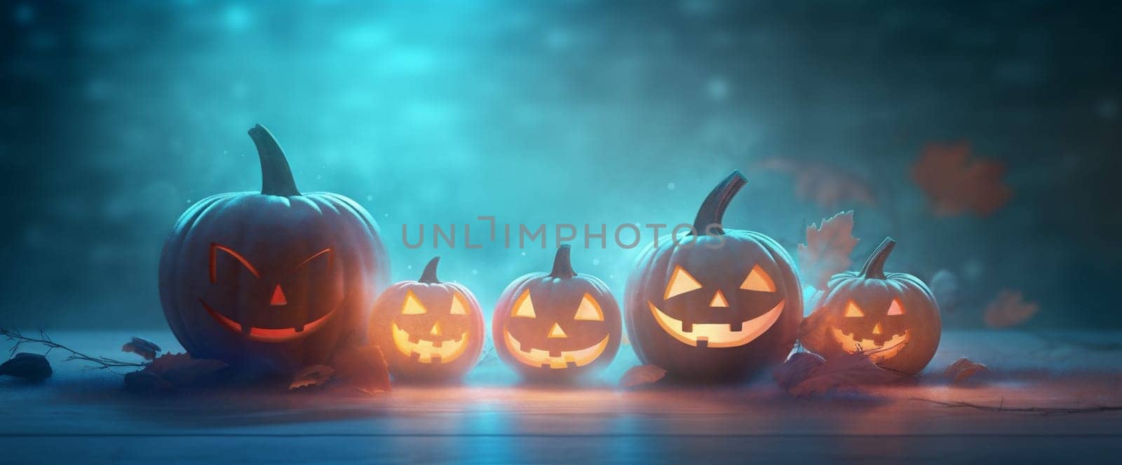 horror halloween jack-o-lantern evil fear night blue mystery pumpkin background table. Generative AI. by Vichizh