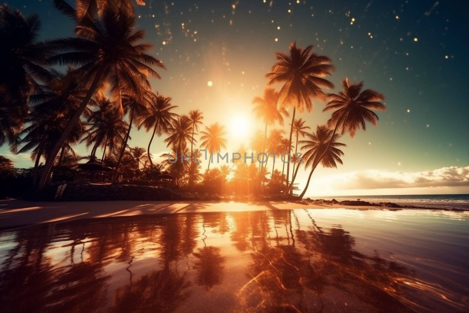 landscape sea island sun sunset ocean sunrise sky palm beach. Generative AI. by Vichizh