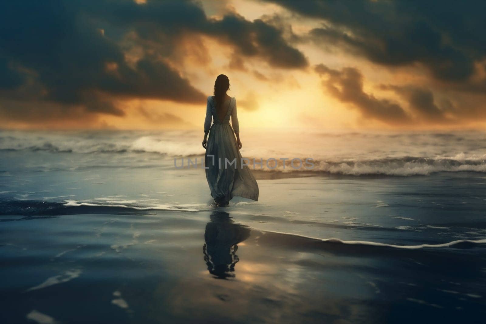 young woman coast looking beach sea summer horizon cloud wedding storm dramatic ai water sky dress beauty nature ocean blue back. Generative AI.