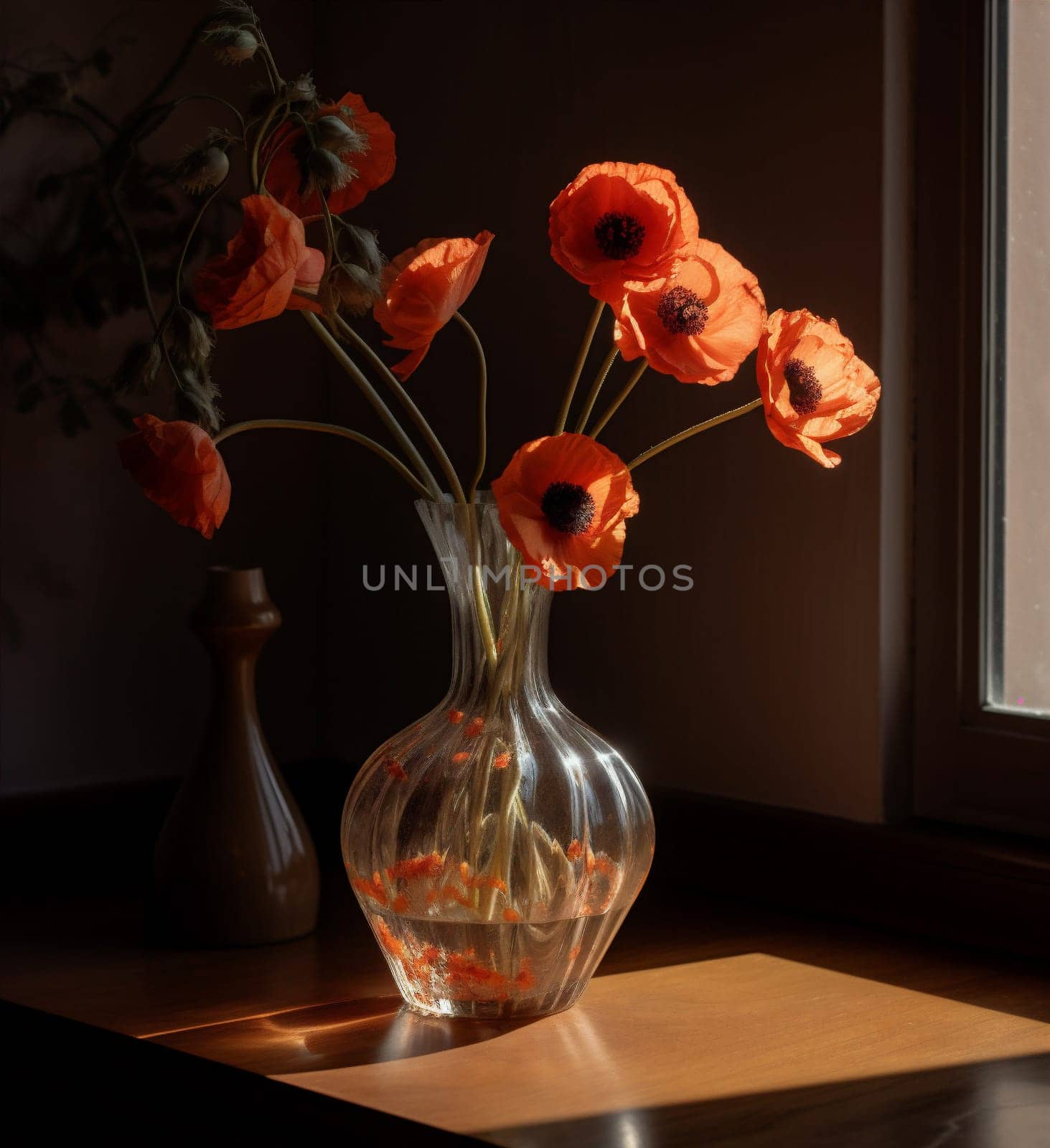 nature flower glass white beautiful vase gift vintage red plant sunshine indoor blossom poppy retro celebration background floral decoration color bouquet. Generative AI.