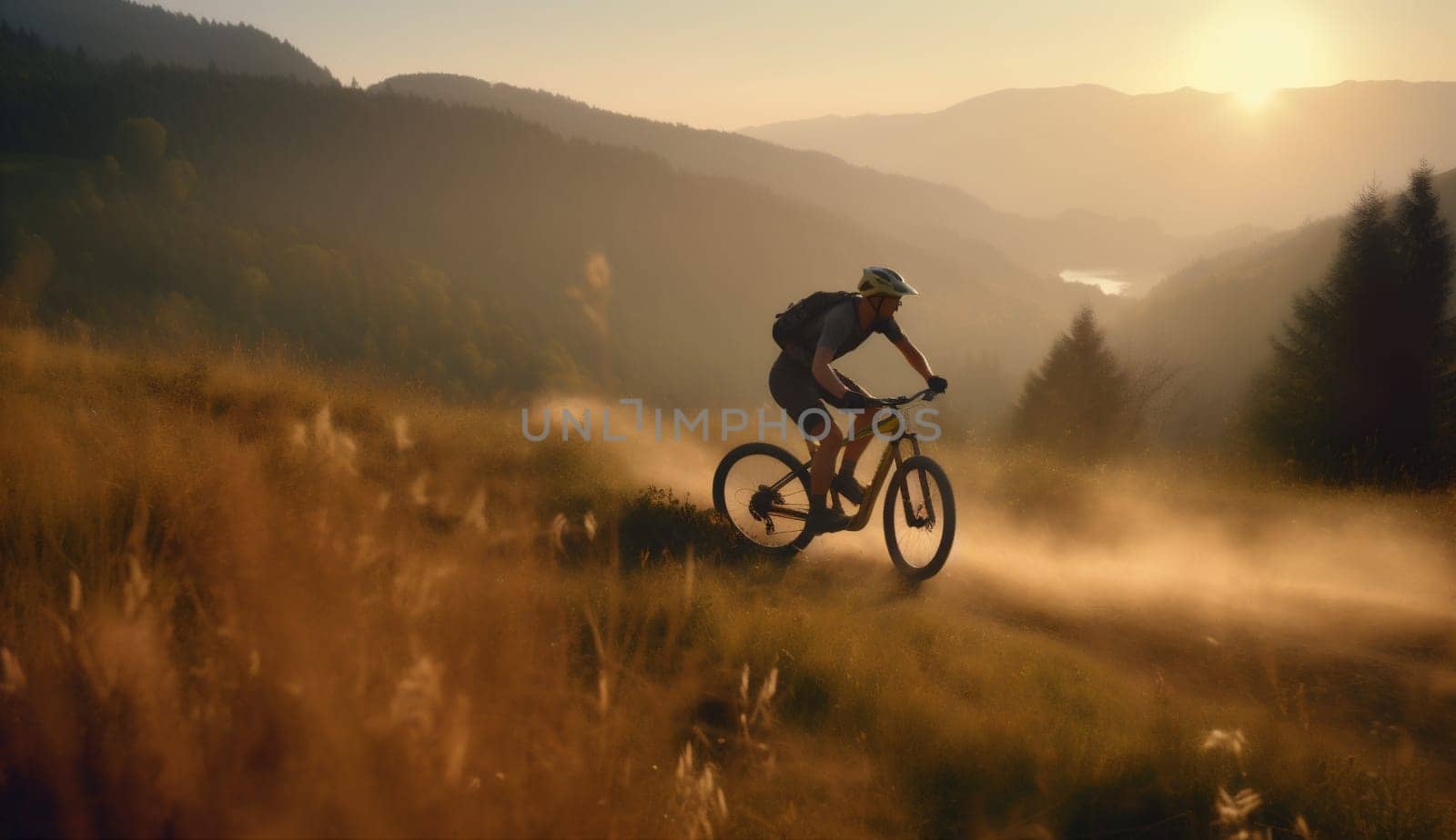 woman bike sunset cycling forest bicycle walking tree summer dark sport. Generative AI. by Vichizh