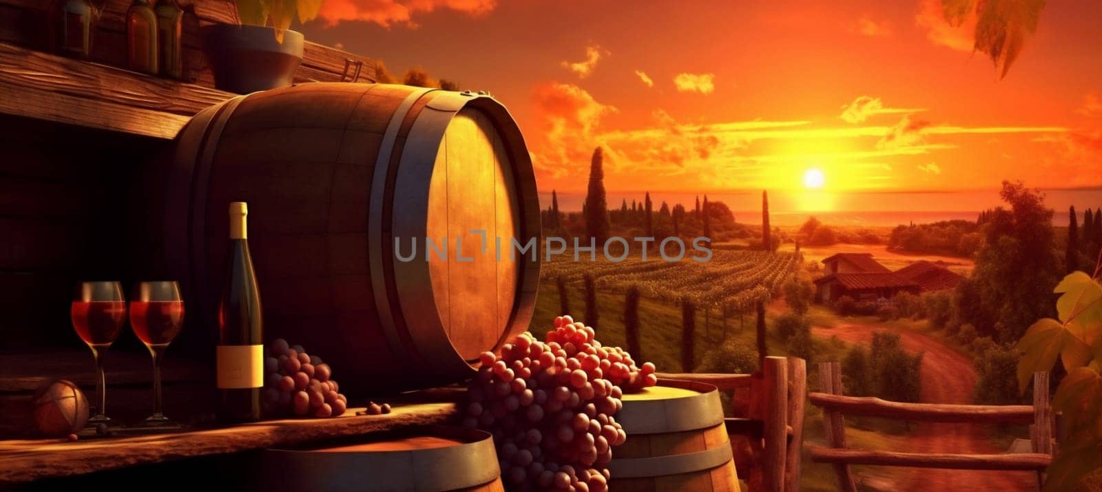 wine barrel alcohol winery sunset bottle glass drink grape beverage. Generative AI. by Vichizh