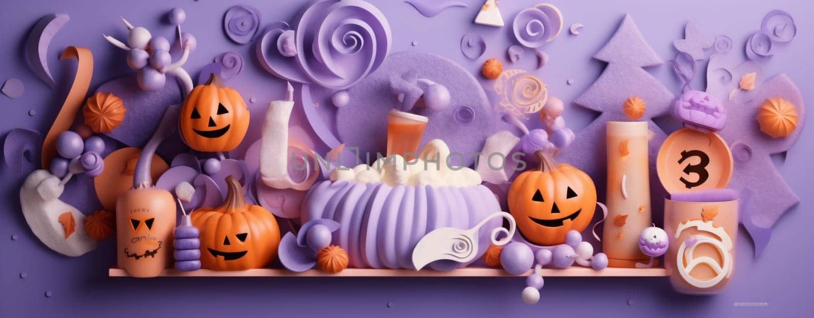 purple autumn food snack icing table colorful holiday party spider colourful celebration spooky sweet sugar traditional halloween pumpkin orange candy. Generative AI.