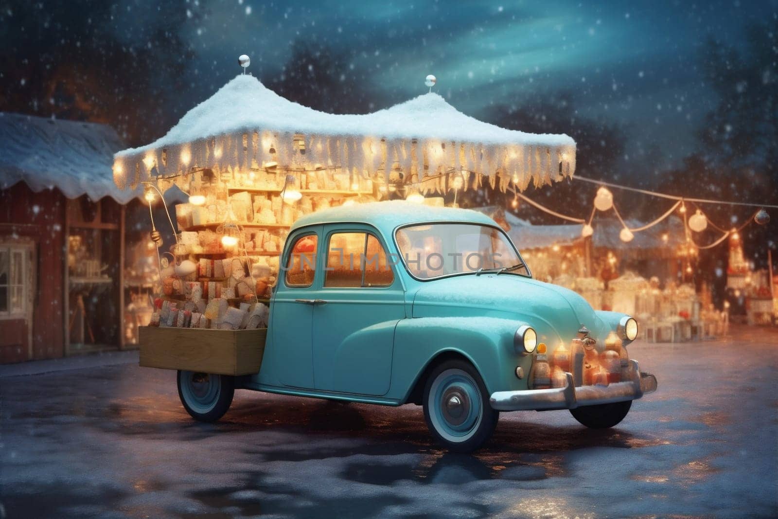 retro snow car holiday winter festive candy merry christmas gift. Generative AI. by Vichizh