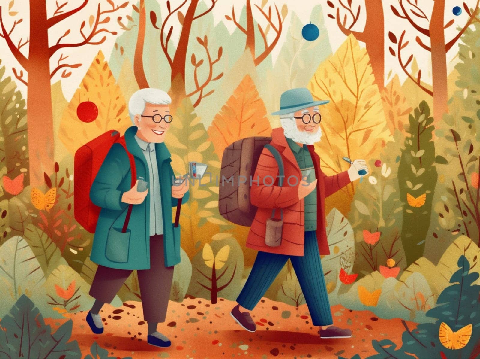 old hiking grandfather elderly walking happy senior trekking couple active. Generative AI. by Vichizh