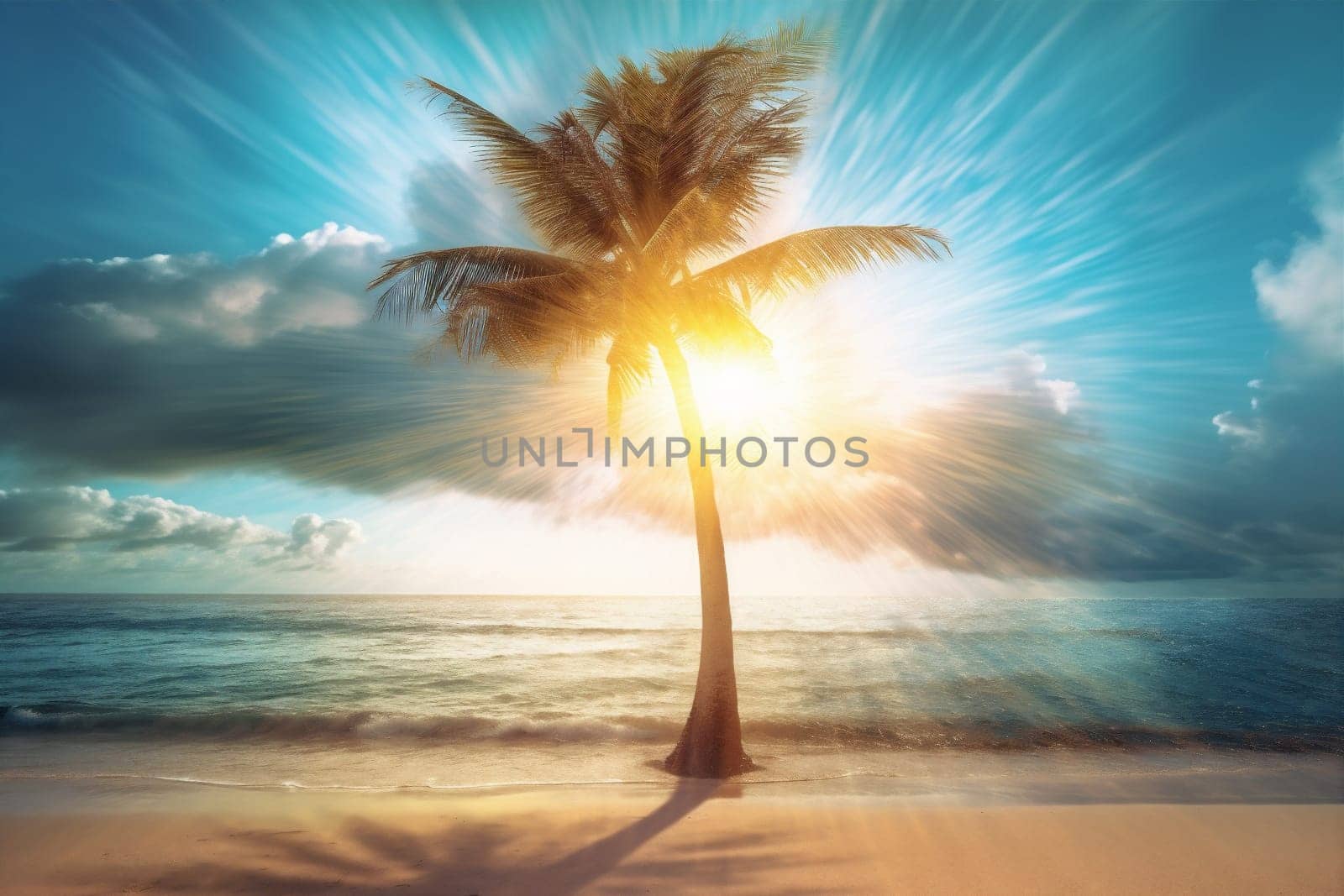 tropical holiday sky sand sun background ocean island palm wave exotic sunset silhouette landscape sunlight beach sunrise sea dusk tree. Generative AI.