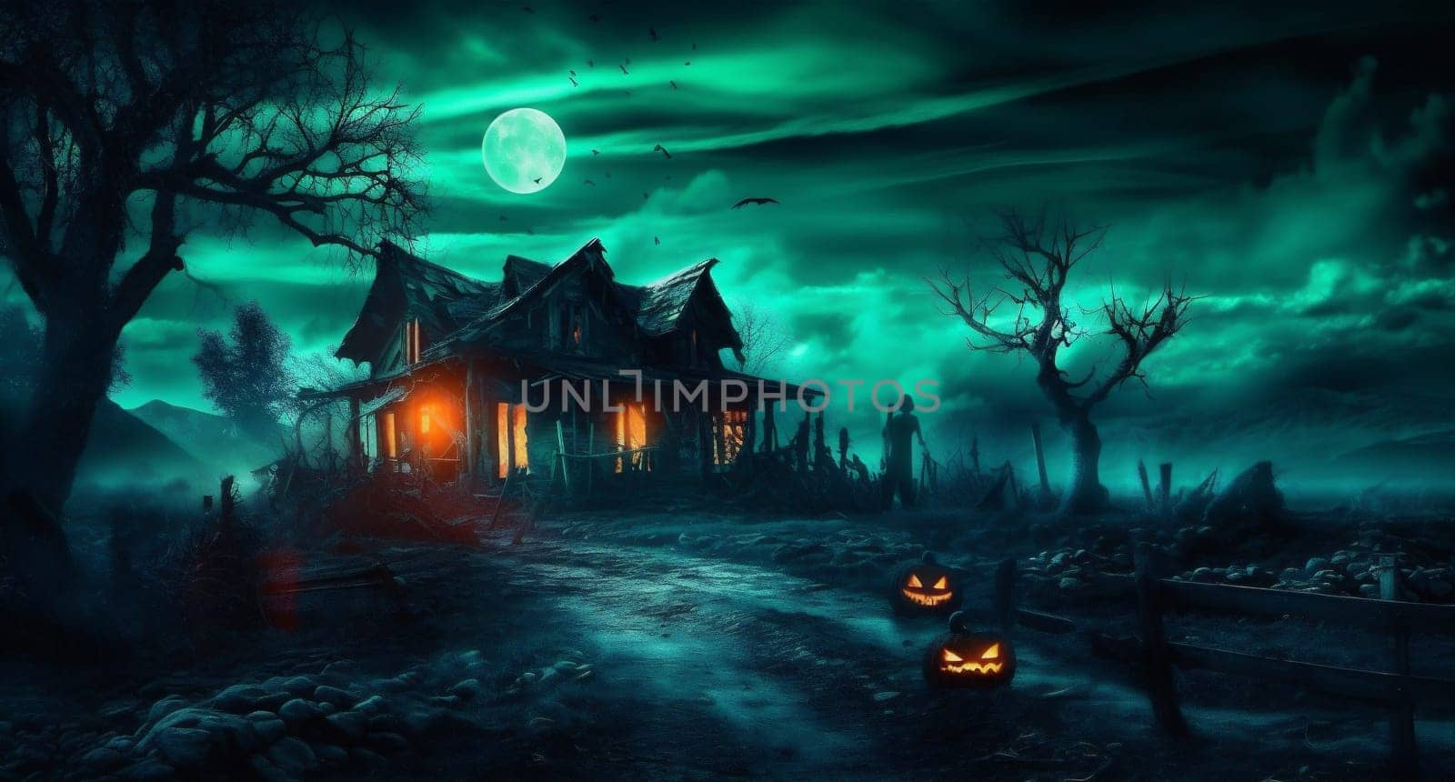 cemetery night bat grave dark horror halloween pumpkin moon holiday. Generative AI. by Vichizh