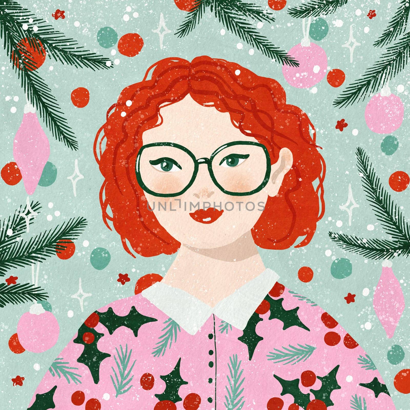 Hand drawn illustration of Christmas girl woman with pine fir tree background. Holiday lights holly baubles decoration, winter december poster invitation cartoon character print, modern celebration. by Lagmar