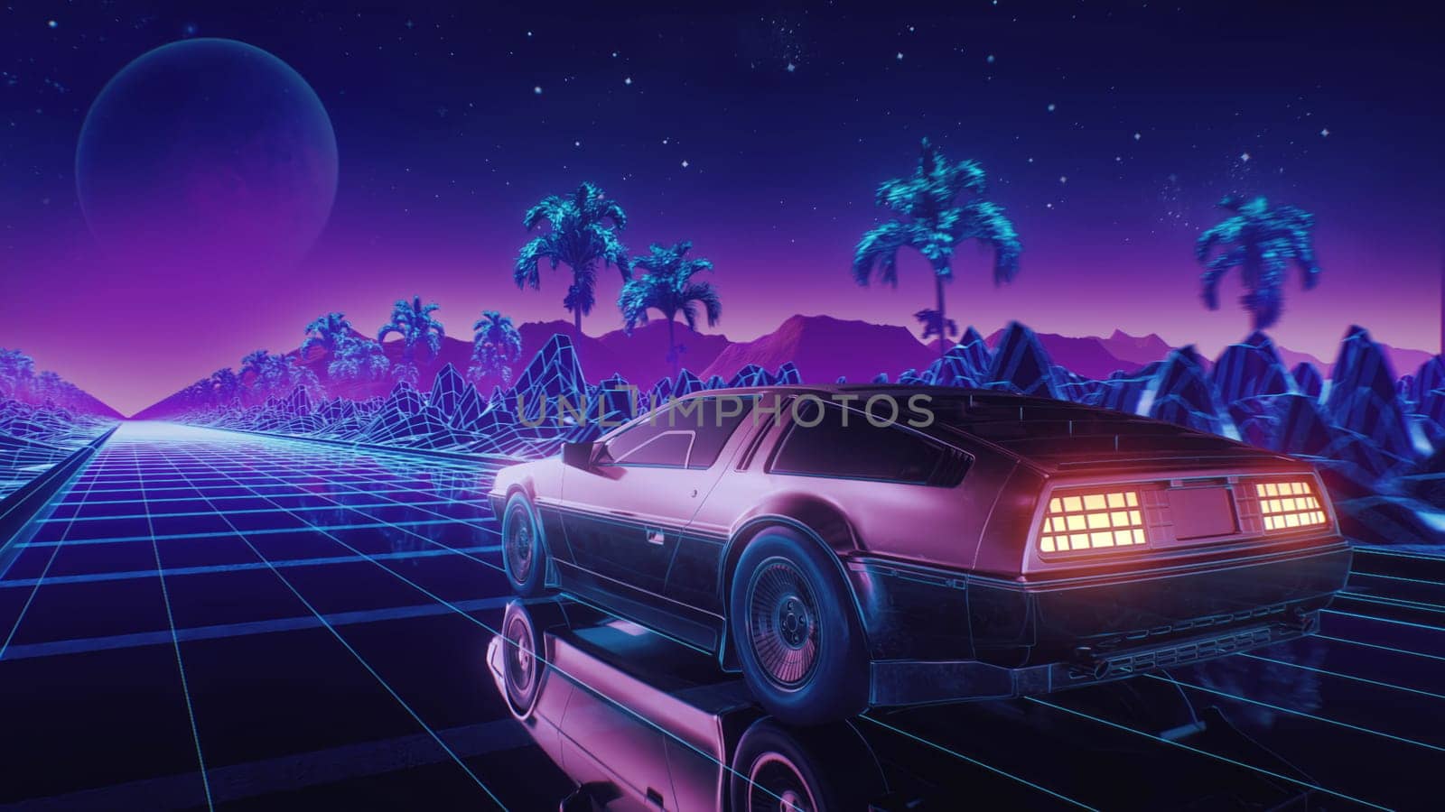 3d render Car and background neon retro wave 80s style by studiodav