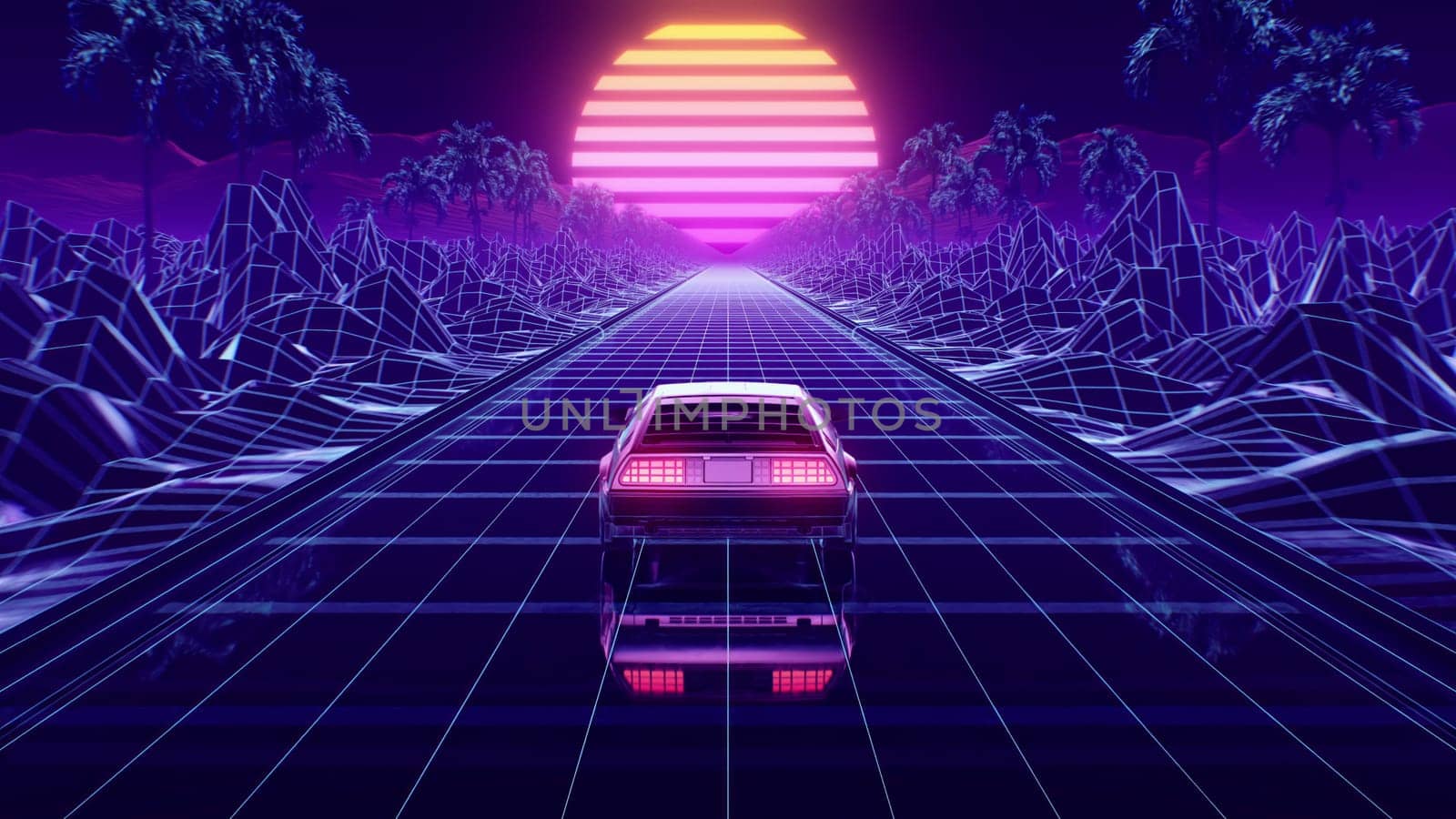 3d render Car and background neon retro wave 80s style 4k