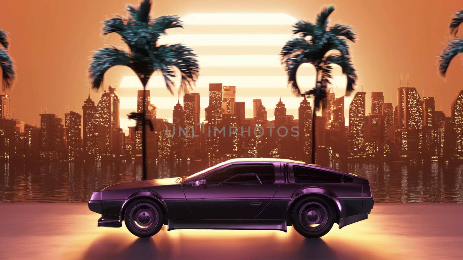 3d render car at sunset against the backdrop of the city retro wave in the style of the 80s by studiodav