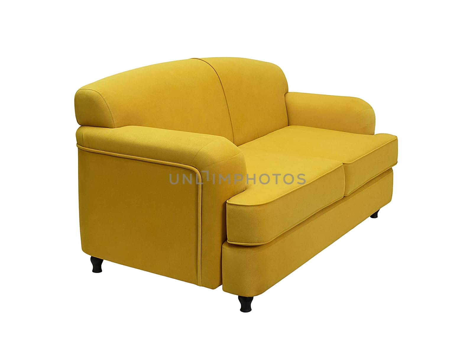 modern yellow fabric sofa isolated on white background, side view. retro couch, furniture in minimal style, interior, home design