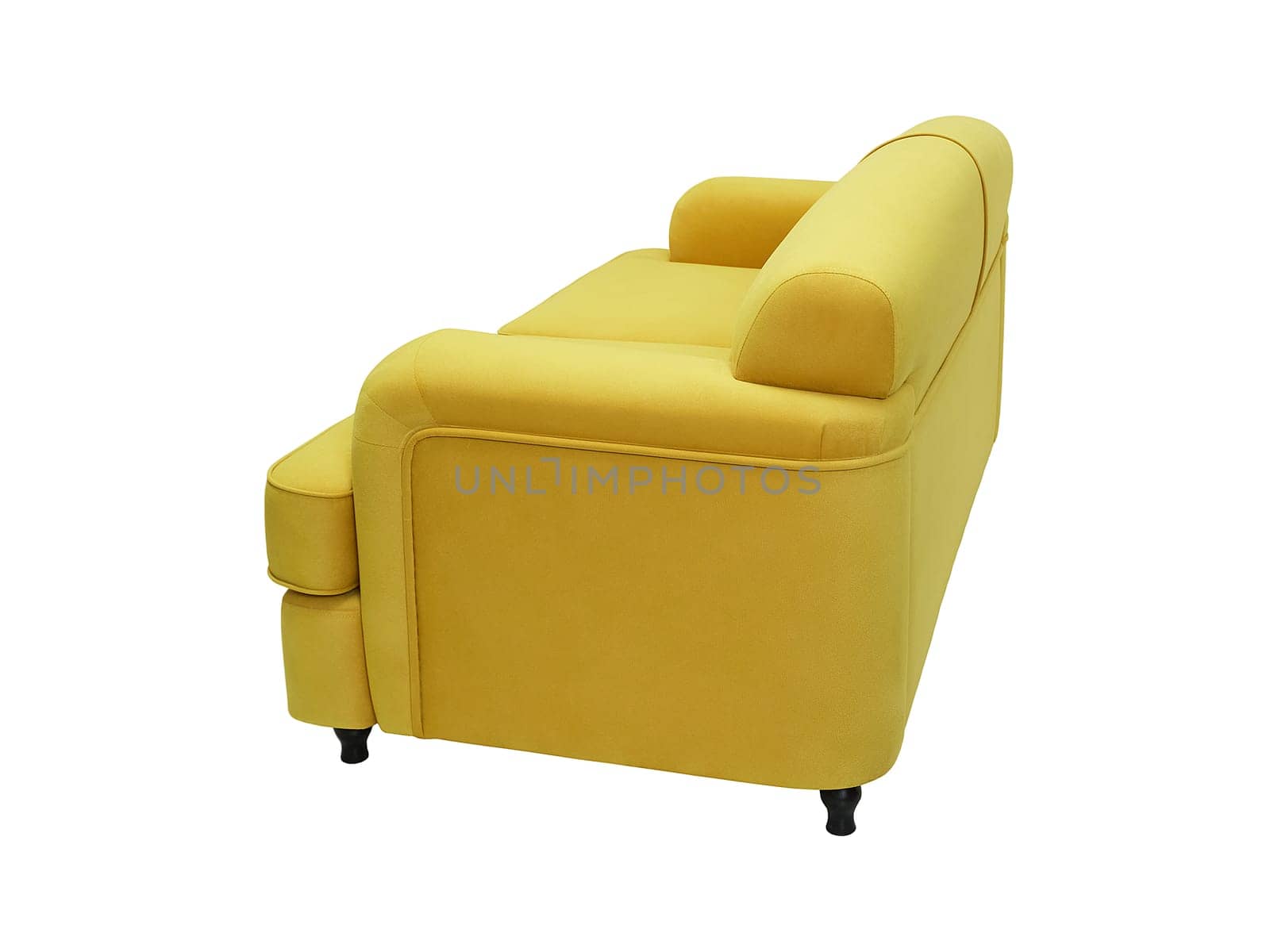 modern yellow fabric sofa isolated on white background, back view. retro couch, furniture in minimal style, interior, home design
