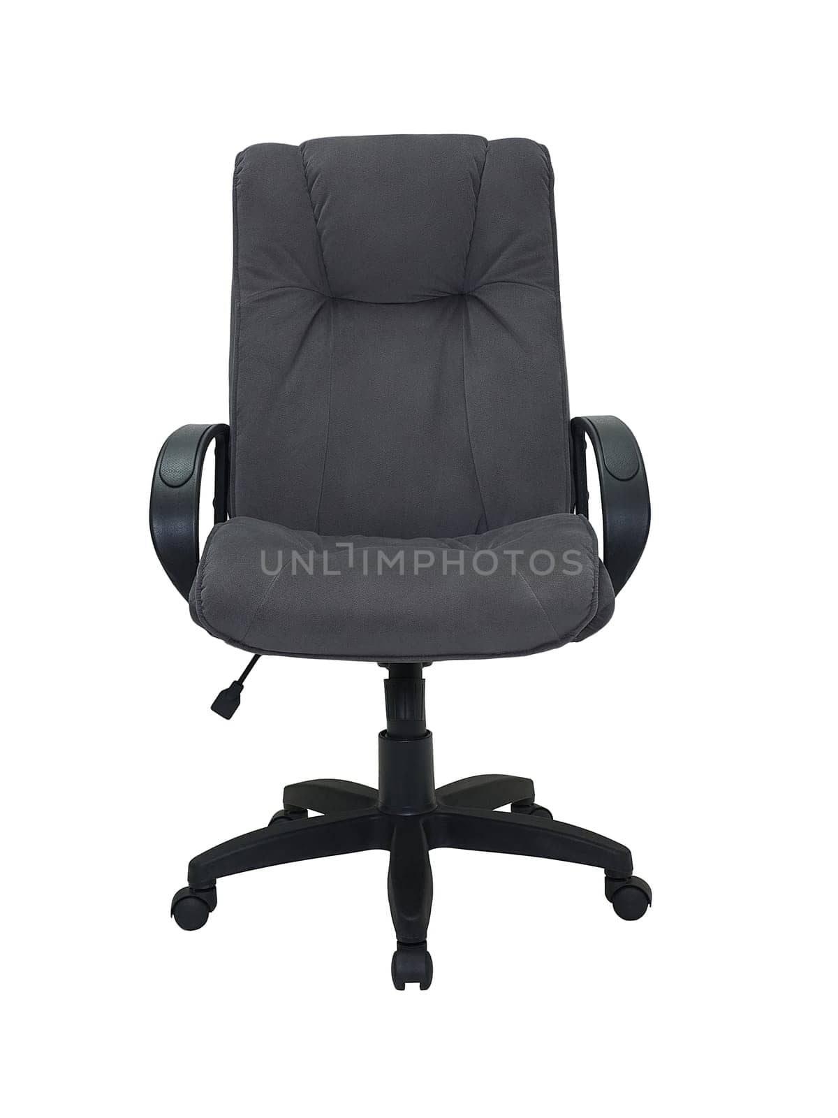 grey fabric armchair on wheels isolated on white background, front view. modern furniture in minimal style, interior, home design