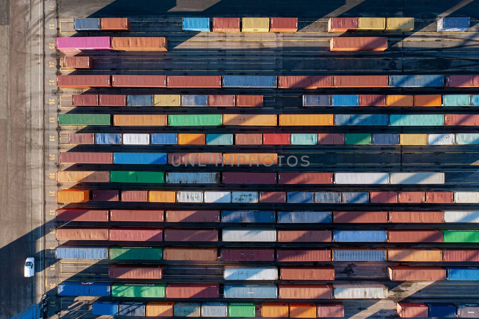 Aerial Top Down View of Multicolored Containers by oliverfoerstner