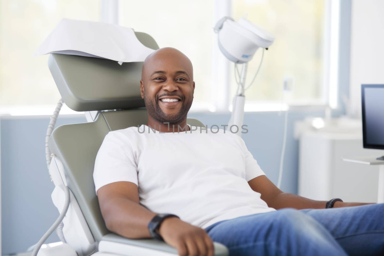 african american doctor smiling happily while sitting in medical chair at dental clinic. AI Generated by Desperada