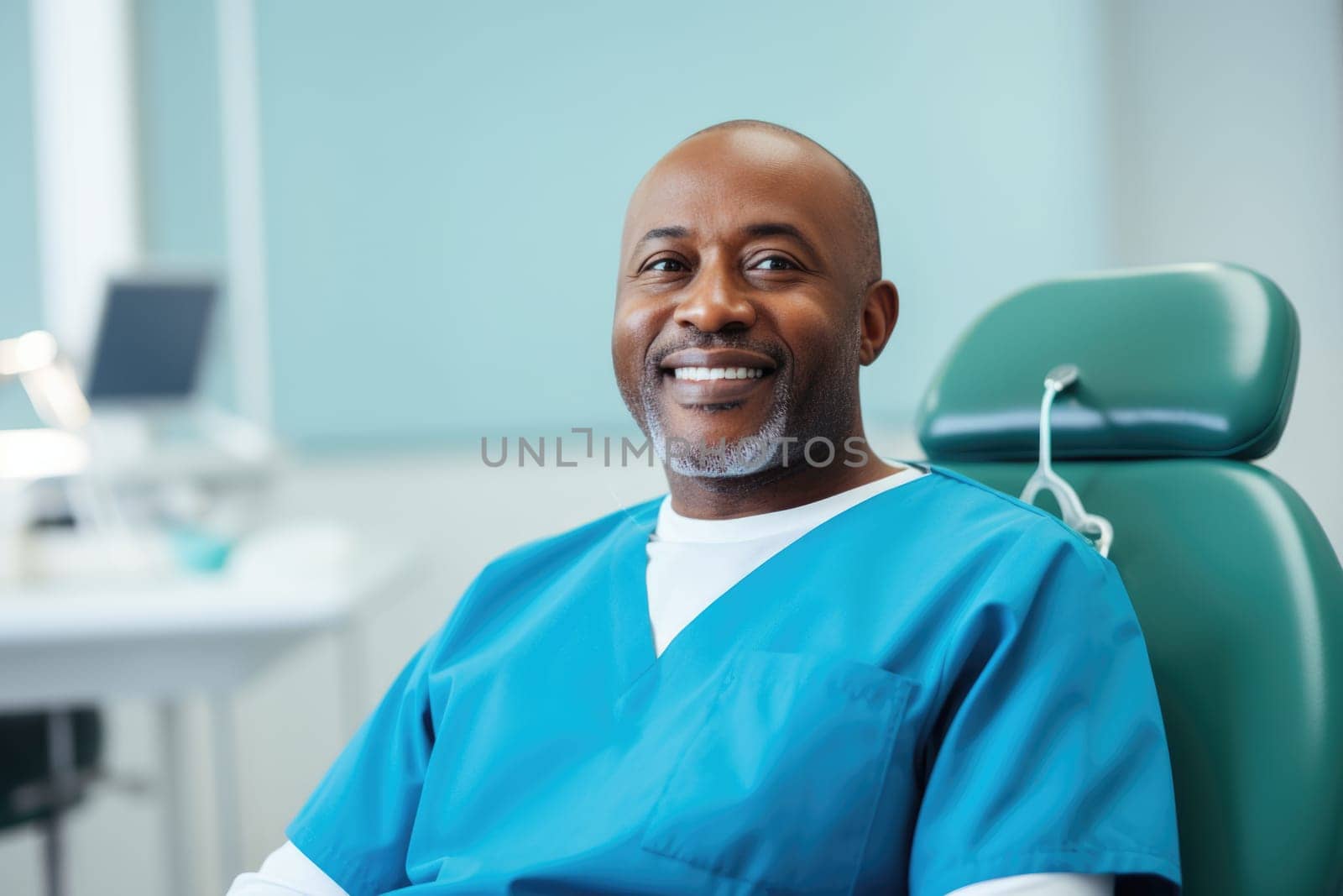 african american doctor smiling happily while sitting in medical chair at dental clinic. AI Generated by Desperada