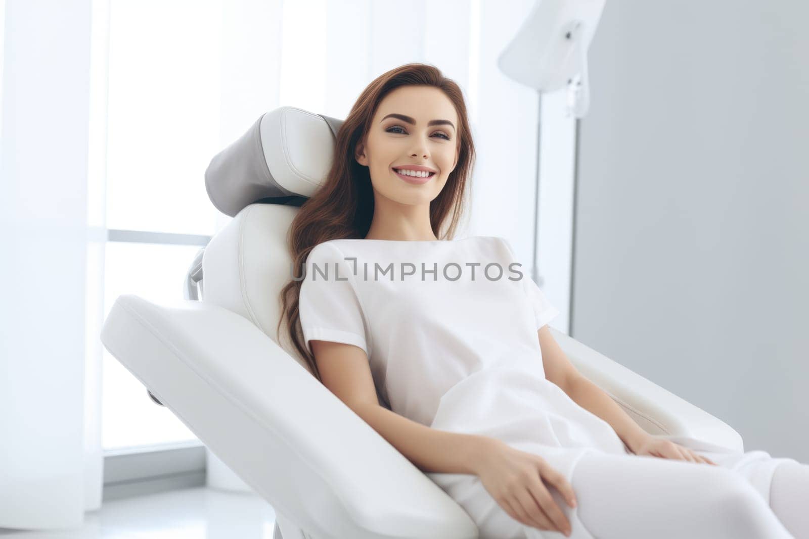 European young woman smiling happily while sitting in medical chair at dental clinic. AI Generated