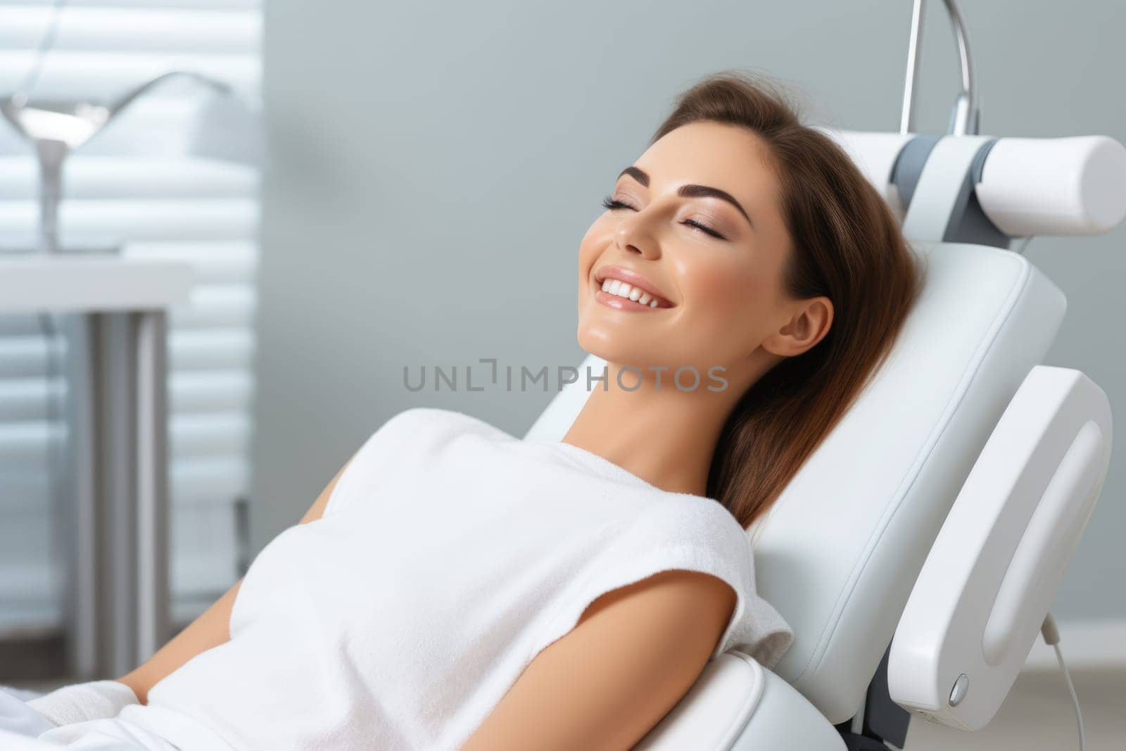 European young woman smiling happily while sitting in medical chair at dental clinic. AI Generated