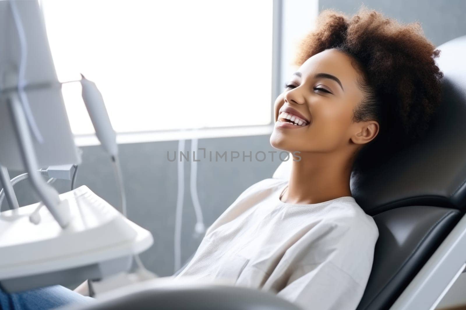 african american young woman smiling happily while sitting in medical chair at dental clinic. AI Generated