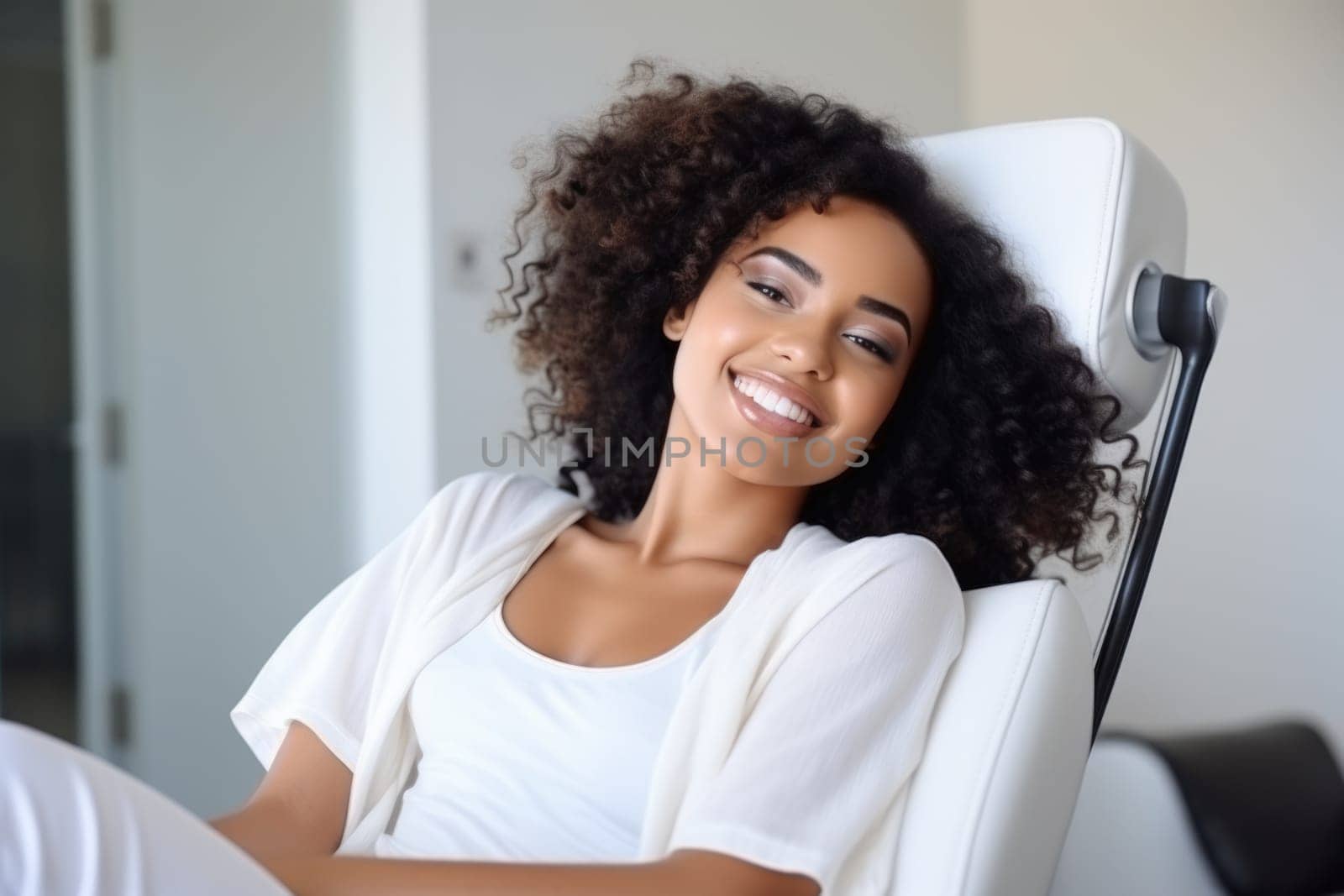 african american woman smiling happily while sitting in medical chair at dental clinic. AI Generated by Desperada