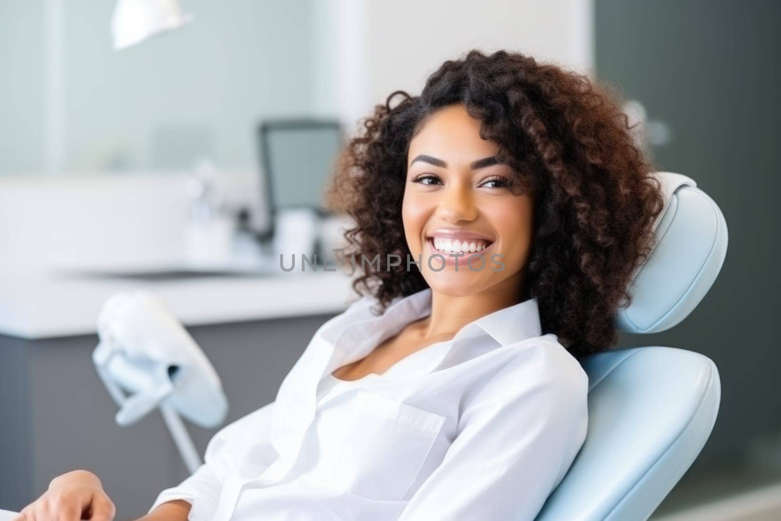 african american woman smiling happily while sitting in medical chair at dental clinic. AI Generated by Desperada