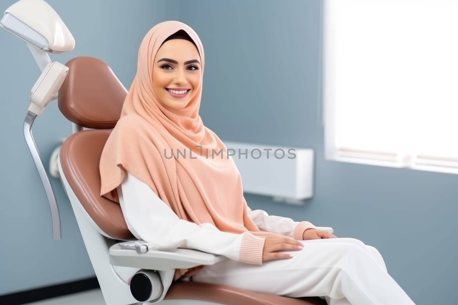 arab young woman smiling happily while sitting in medical chair at dental clinic. AI Generated