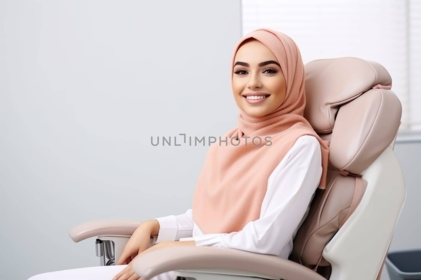 arab woman smiling happily while sitting in medical chair at dental clinic. AI Generated by Desperada