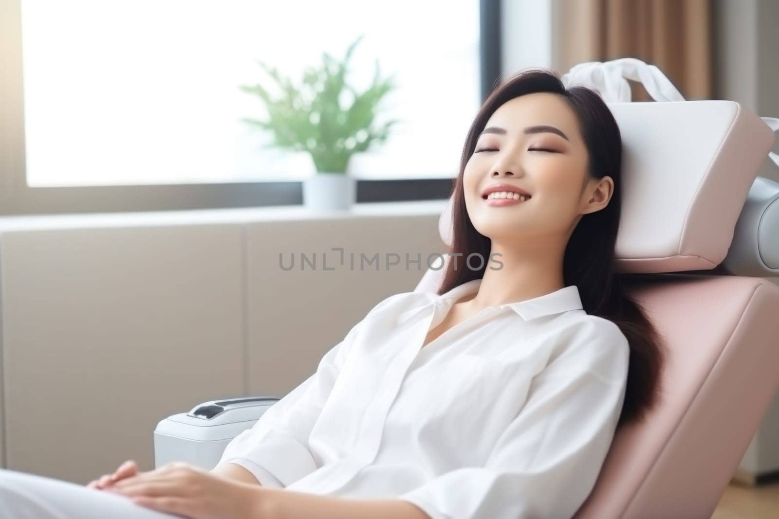 asian woman smiling happily while sitting in medical chair at dental clinic. AI Generated by Desperada