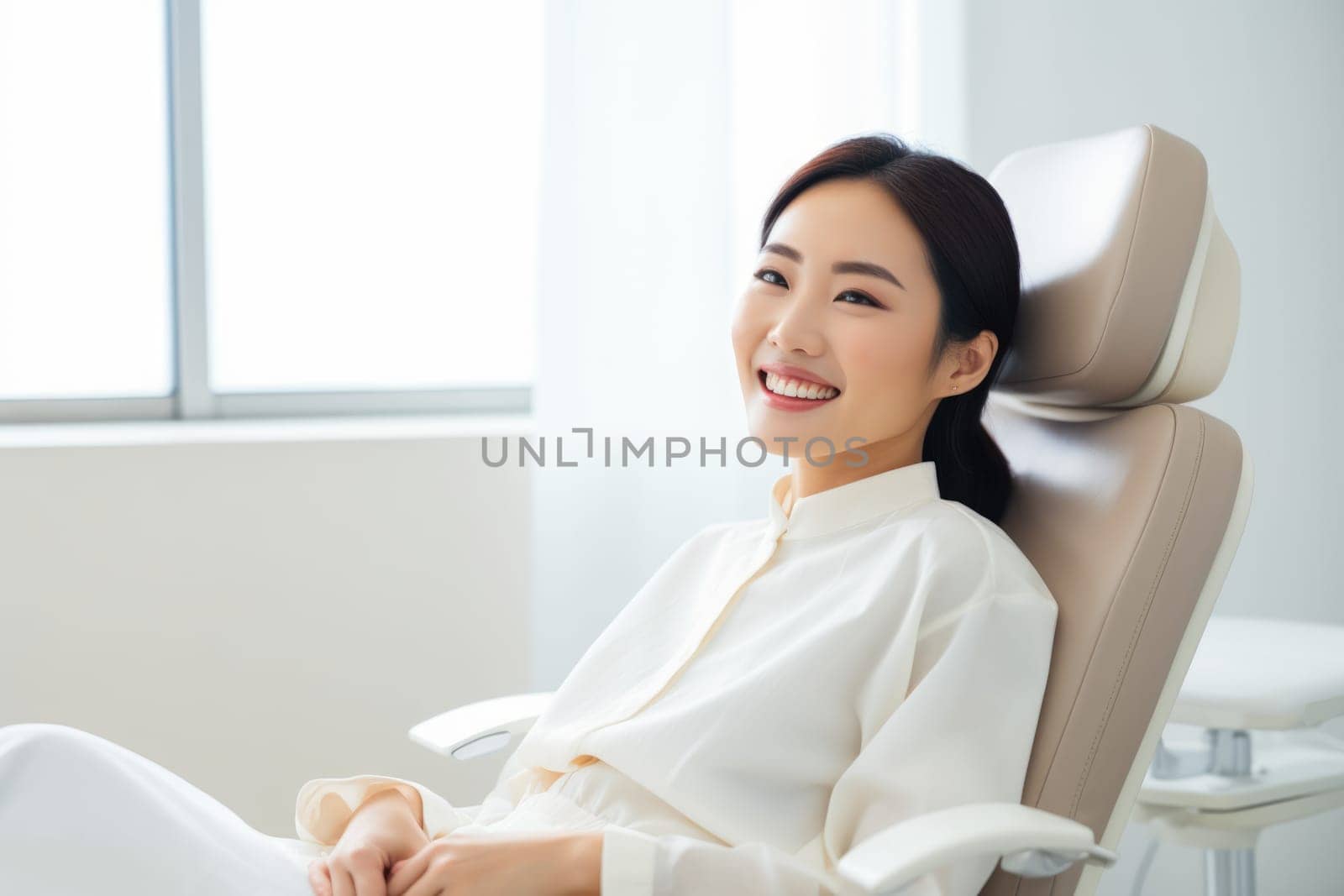 asian woman smiling happily while sitting in medical chair at dental clinic. AI Generated by Desperada