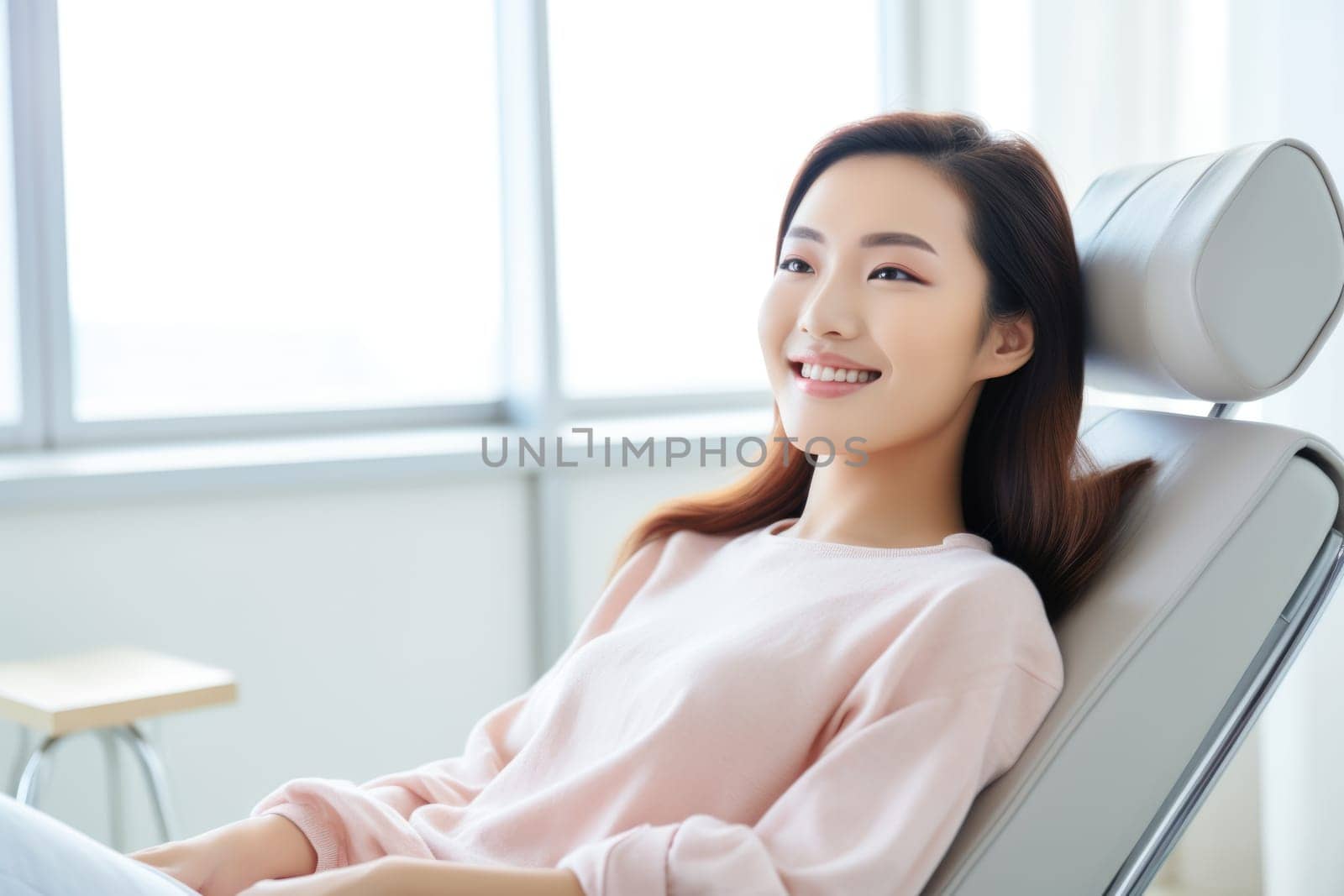 asian woman smiling happily while sitting in medical chair at dental clinic. AI Generated by Desperada