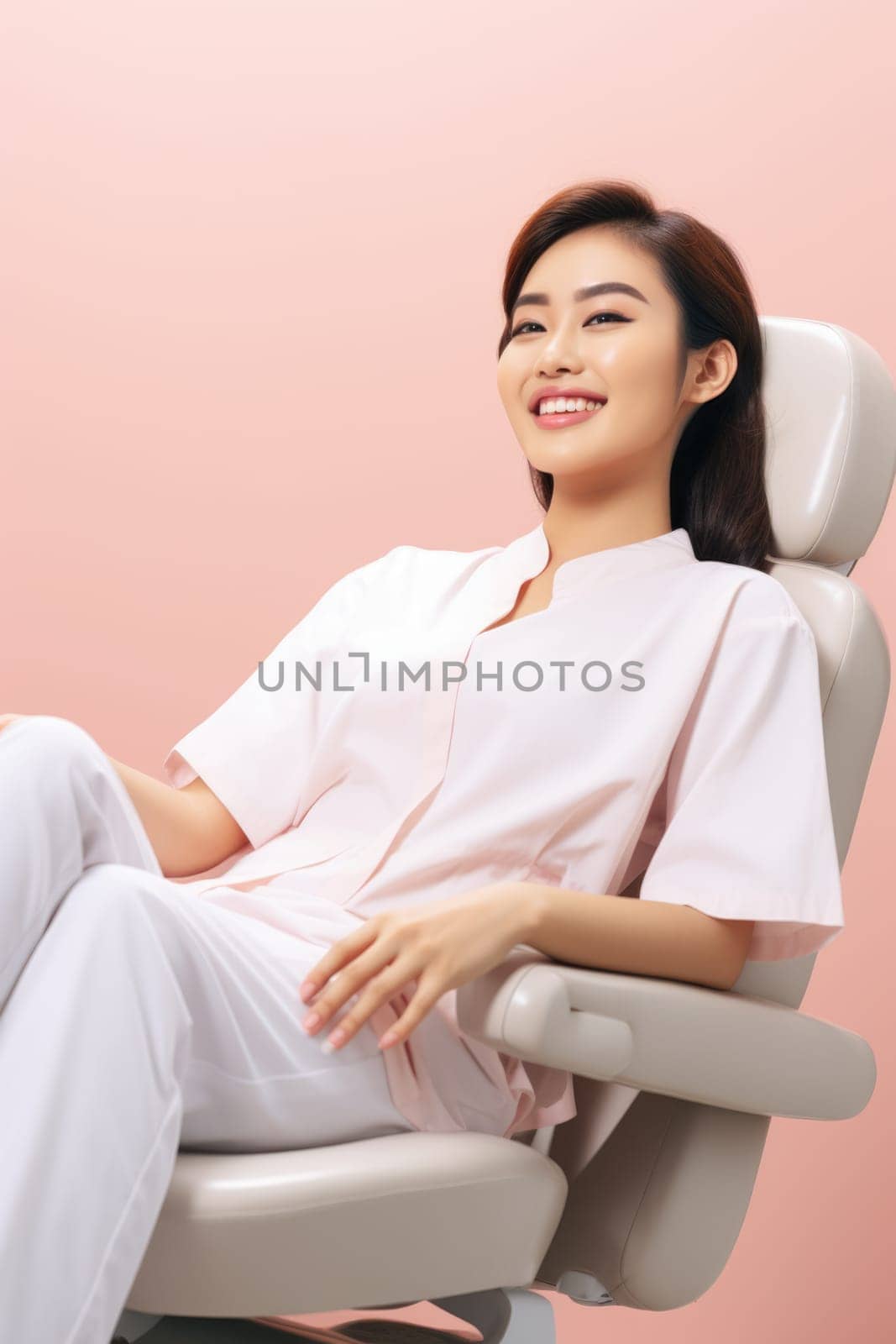 asian woman smiling happily while sitting in medical chair at dental clinic. AI Generated by Desperada