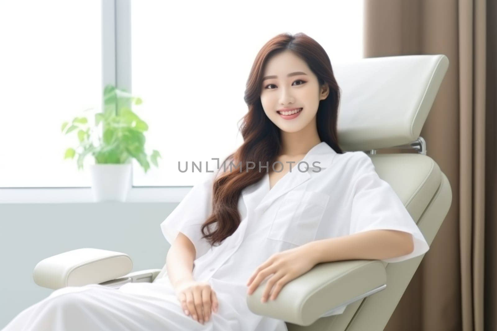 asian woman smiling happily while sitting in medical chair at dental clinic. AI Generated by Desperada